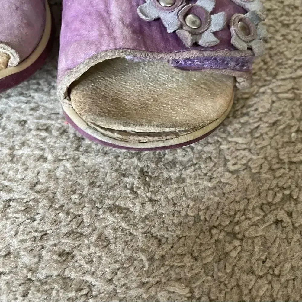 Däumling German Girl Leather Walking Learning Shoe Purple with Flowers Size 7